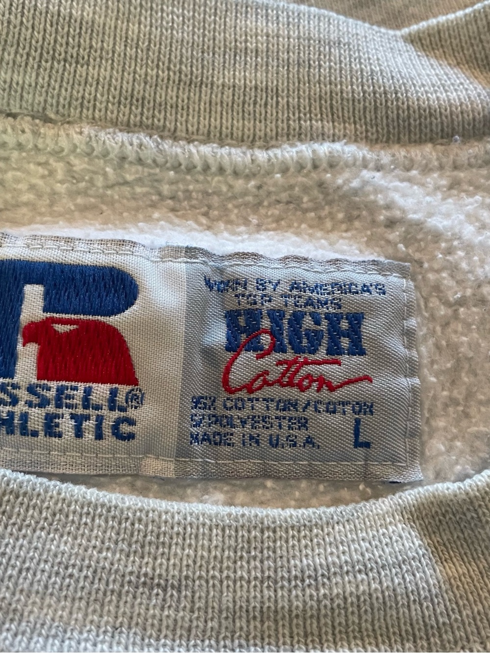 Russell Athletic Light Gray Crewneck with Blue and Red Logo